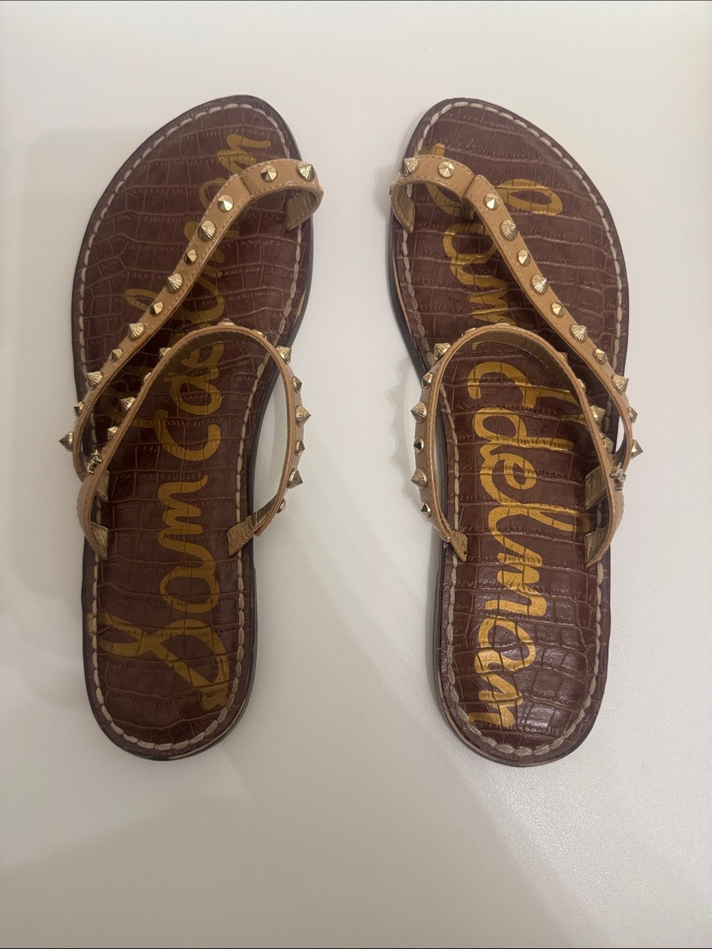 Sam Edelman Brown Croc-Print Studded T-Strap Sandals